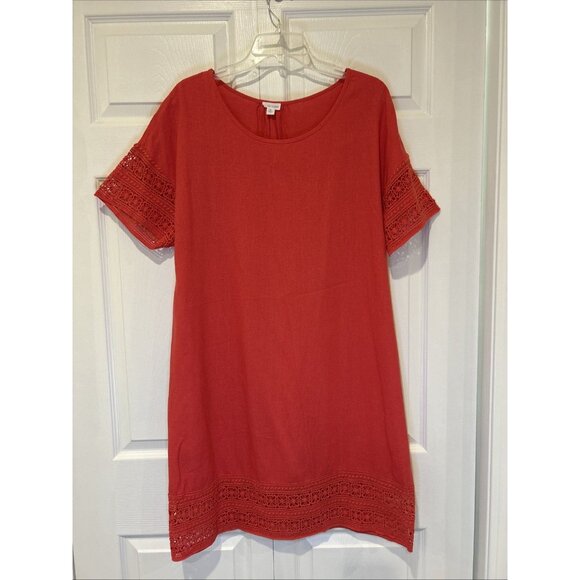 Sigrid Olsen Dress‎ Womens XL Coral Linen Blend Crochet Hem Shift Pullover Beach - Picture 2 of 7